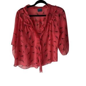 Color of Love Blouse Womens Medium‎ Red Sheer Giraffe Print Boho Peasant Top Tie